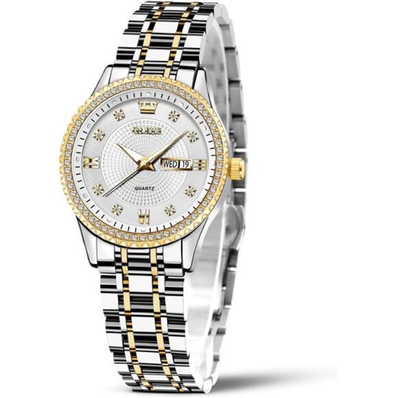 Silver Gold Womens Watch Date Diamond Small Face Waterproof Quartz Dress Watch - Picture 1 of 7